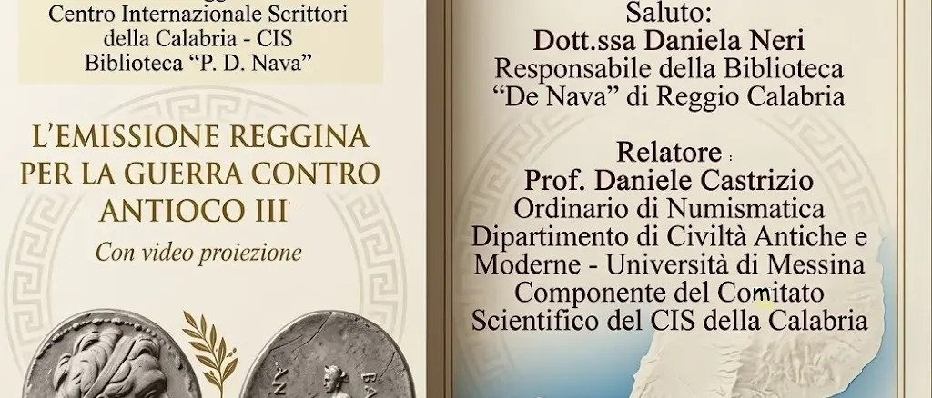 Reggio, domani la conferenza\u00A0“L’emissione reggina per la guerra contro Antioco III°”\n