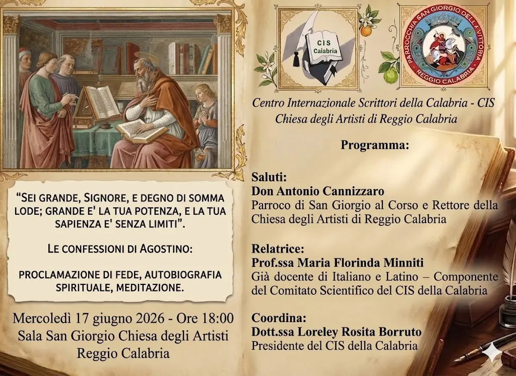 Reggio, il Cis della Calabria promuove la conferenza “Le Confessioni di Agostino: proclamazione di fede. Autobiografia spirituale, meditazione”\n