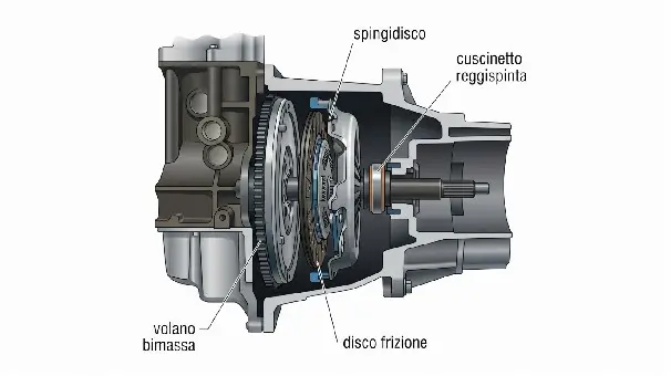 Schema tecnico in sezione della frizione auto con etichette di disco frizione, spingidisco, cuscinetto reggispinta e volano bimassa