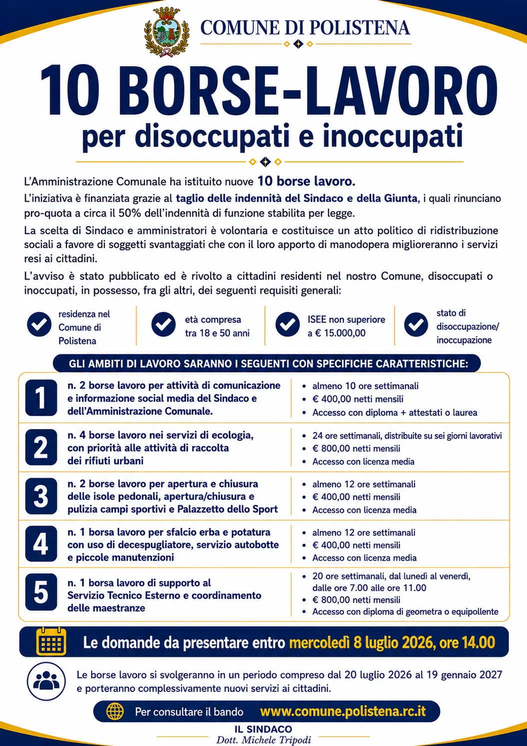 Polistena, al via 10 nuove borse lavoro finanziate dal taglio delle indennità di Sindaco e Giunta\n