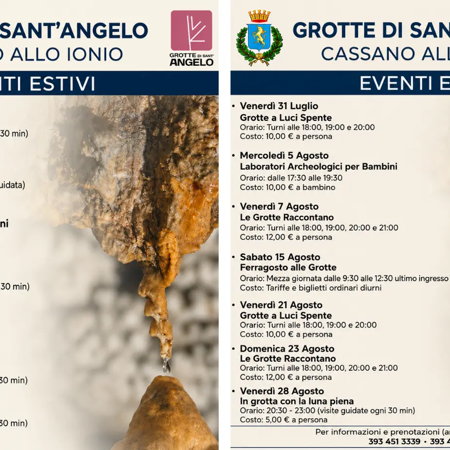 Grotte di Sant’Angelo a Cassano:\u00A0al via il cartellone degli eventi estivi tra visite guidate, laboratori e incontri\n