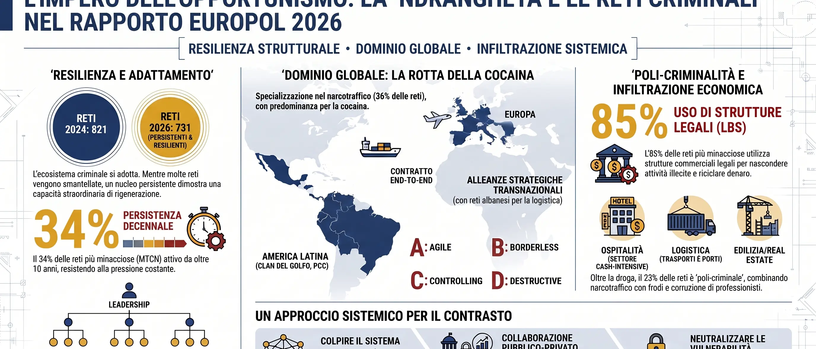 L'ombra della 'ndrangheta nell'ecosistema criminale europeo: dalla Calabria al dominio globale\n