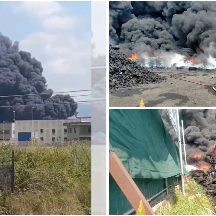 Vasto incendio in un impianto di raccolta pneumatici a Lamezia: Arpacal al lavoro per monitorare la qualità dell’aria\u00A0–\u00A0VIDEO\n