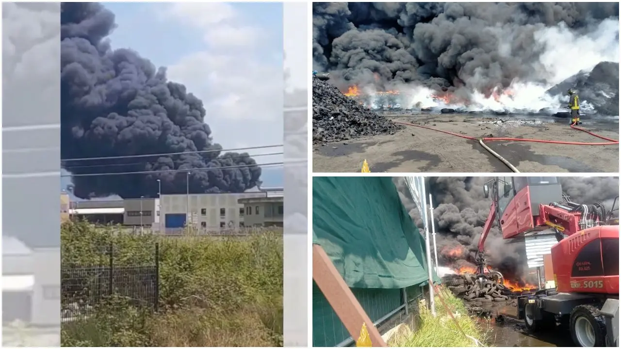 Vasto incendio in un impianto di raccolta pneumatici a Lamezia: Arpacal al lavoro per monitorare la qualità dell’aria\u00A0–\u00A0VIDEO\n