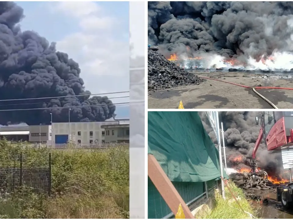 Vasto incendio in un impianto di raccolta pneumatici a Lamezia: Arpacal al lavoro per monitorare la qualità dell’aria – VIDEO