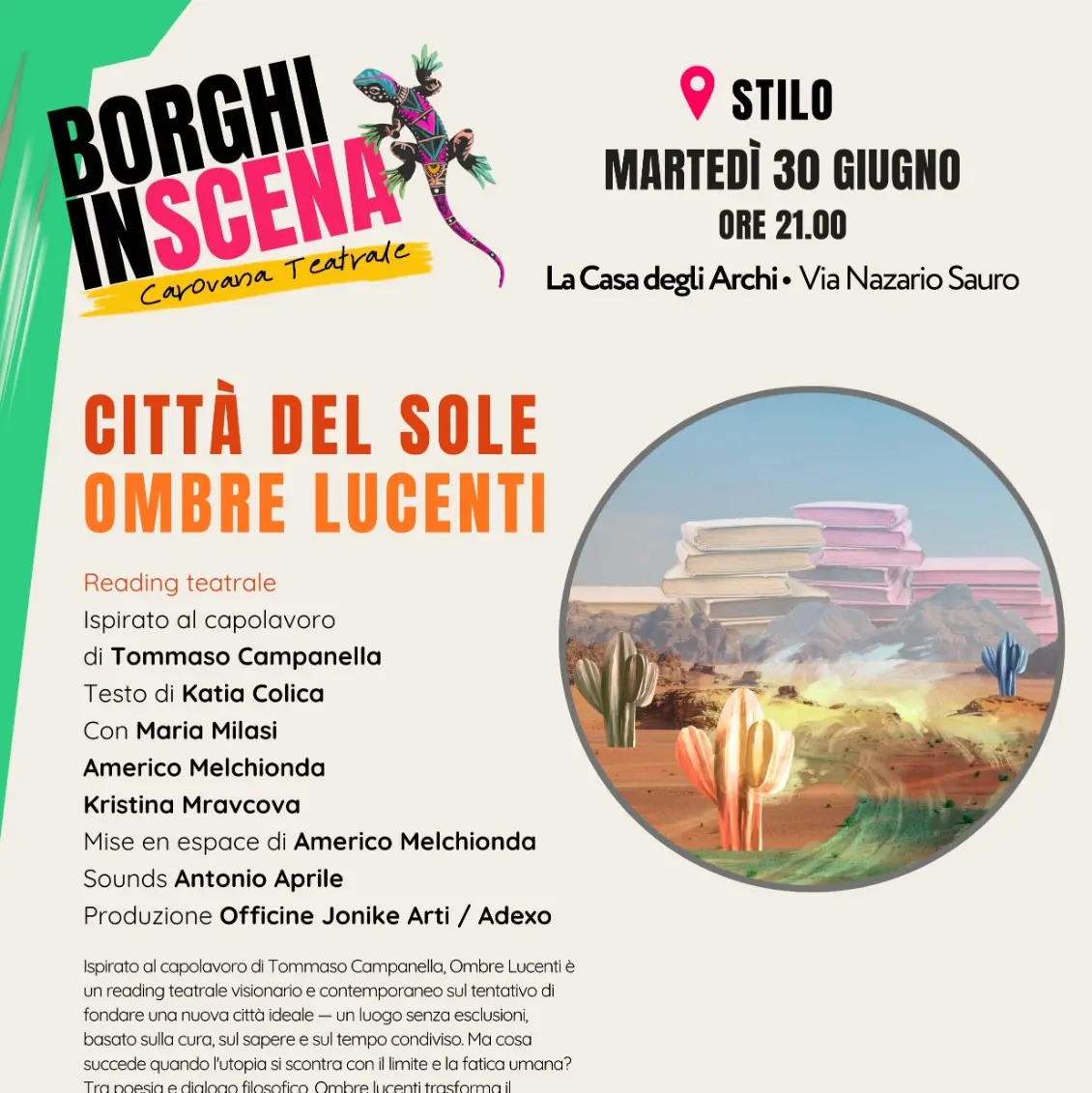 A Stilo\u00A0va in scena \"Ombre Lucenti\", reading teatrale ispirato alla \"Città del Sole\" di Tommaso Campanella\n