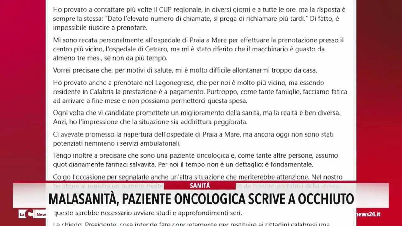 Malasanità, paziente oncologica scrive a Occhiuto