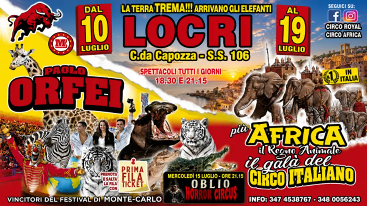 A Locri il\u00A0circo Paolo Orfei, “Africa, Il Regno Animale” con attrazioni esotiche ed acquatiche\n