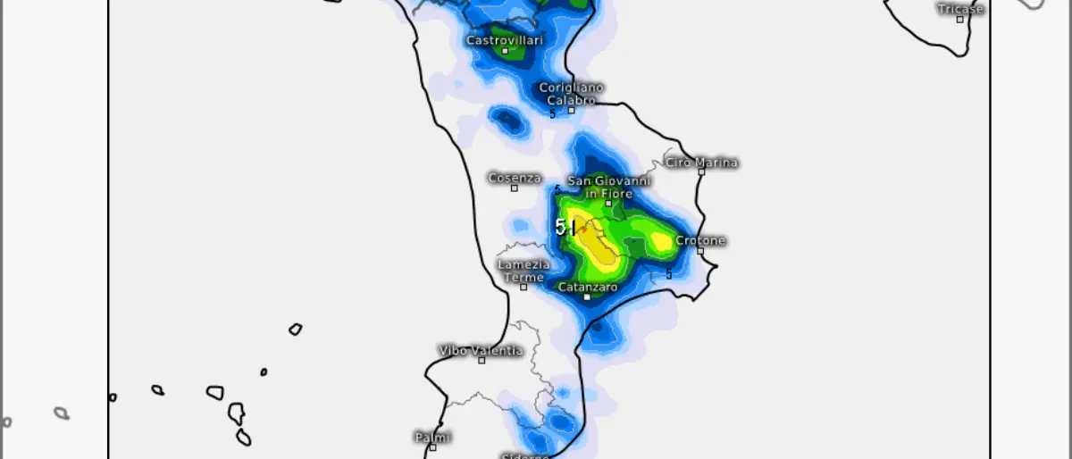 Meteo Cosenza, nuove piogge in arrivo nel pomeriggio: la mappa\n