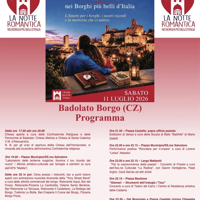 Torna anche a Badolato Borgo la “Notte Romantica dei Borghi più Belli d’Italia”, appuntamento sabato 11 luglio\u00A0\n