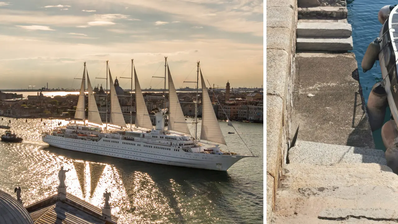 <p>Il veliero mentre fa il suo ingresso a Venezia. A destra, la scaletta malmessa della banchina Bengasi a Vibo Marina</p>\\n