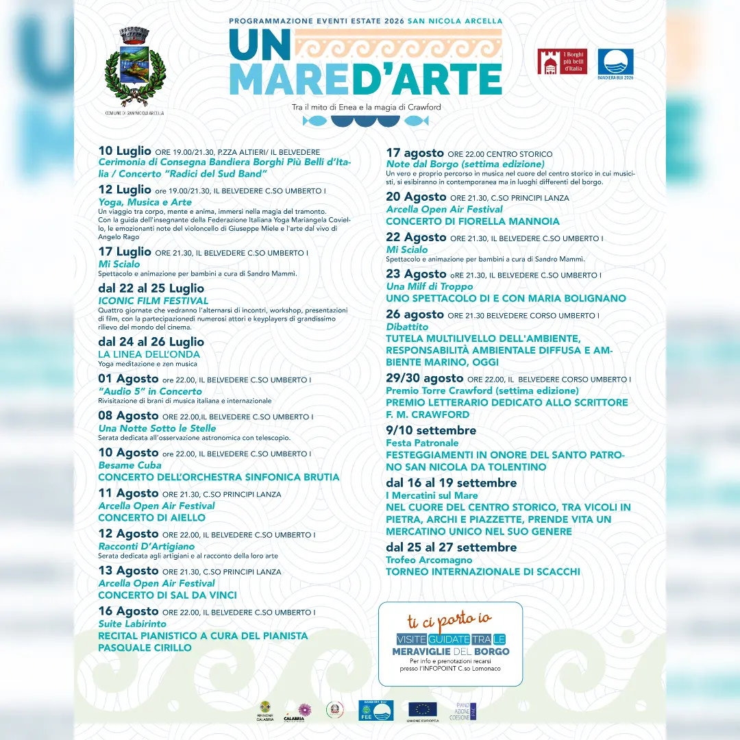 A San Nicola Arcella “Un mare d’arte”: cinema, musica, cultura e grandi eventi per l’estate 2026\n
