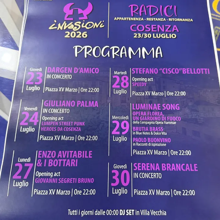 Cosenza, ecco il calendario di Invasioni 2026. C’è anche Dargen D’Amico | TUTTE LE DATE\n