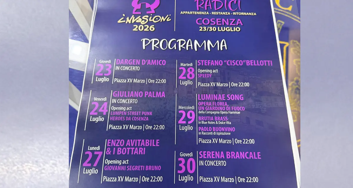 <p>Cosenza, ecco il calendario di <span style=\"color:hsl(0, 75%, 60%);\">Invasioni</span> 2026. C’è anche Dargen D’Amico | TUTTE LE DATE</p>
