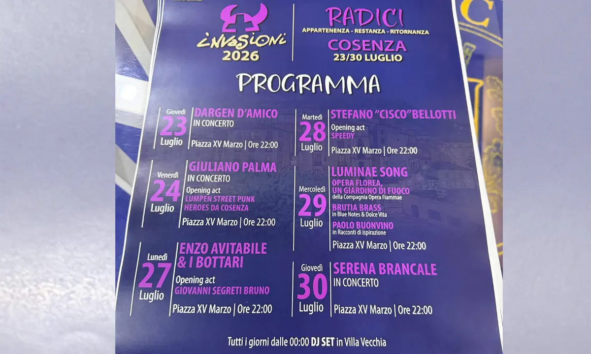 Cosenza, ecco il calendario di Invasioni 2026. C’è anche Dargen D’Amico | TUTTE LE DATE\n
