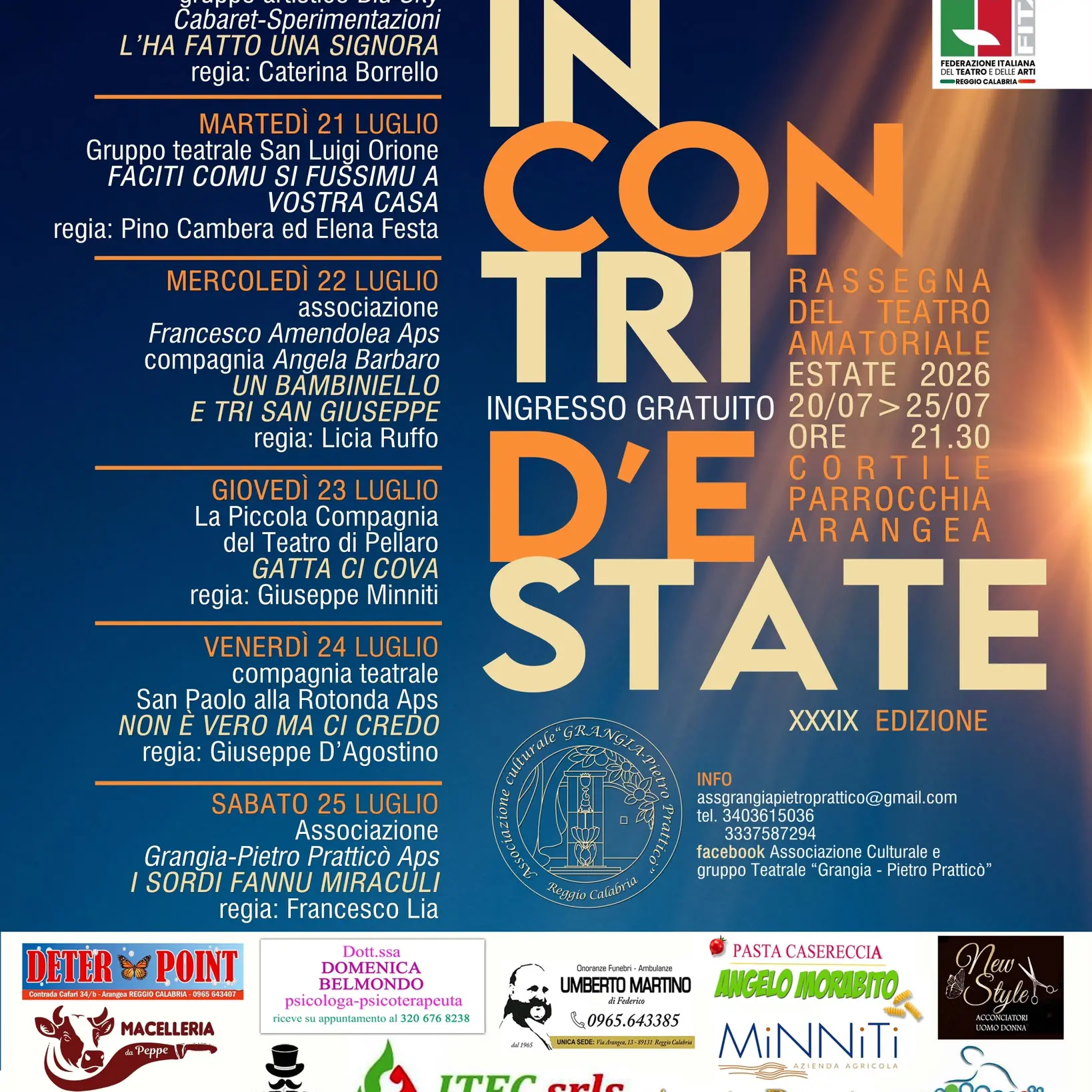 Ad Arangea torna “Incontri d’Estate”: dal 20 al 25 luglio la XXXIX Rassegna del Teatro Amatoriale\n