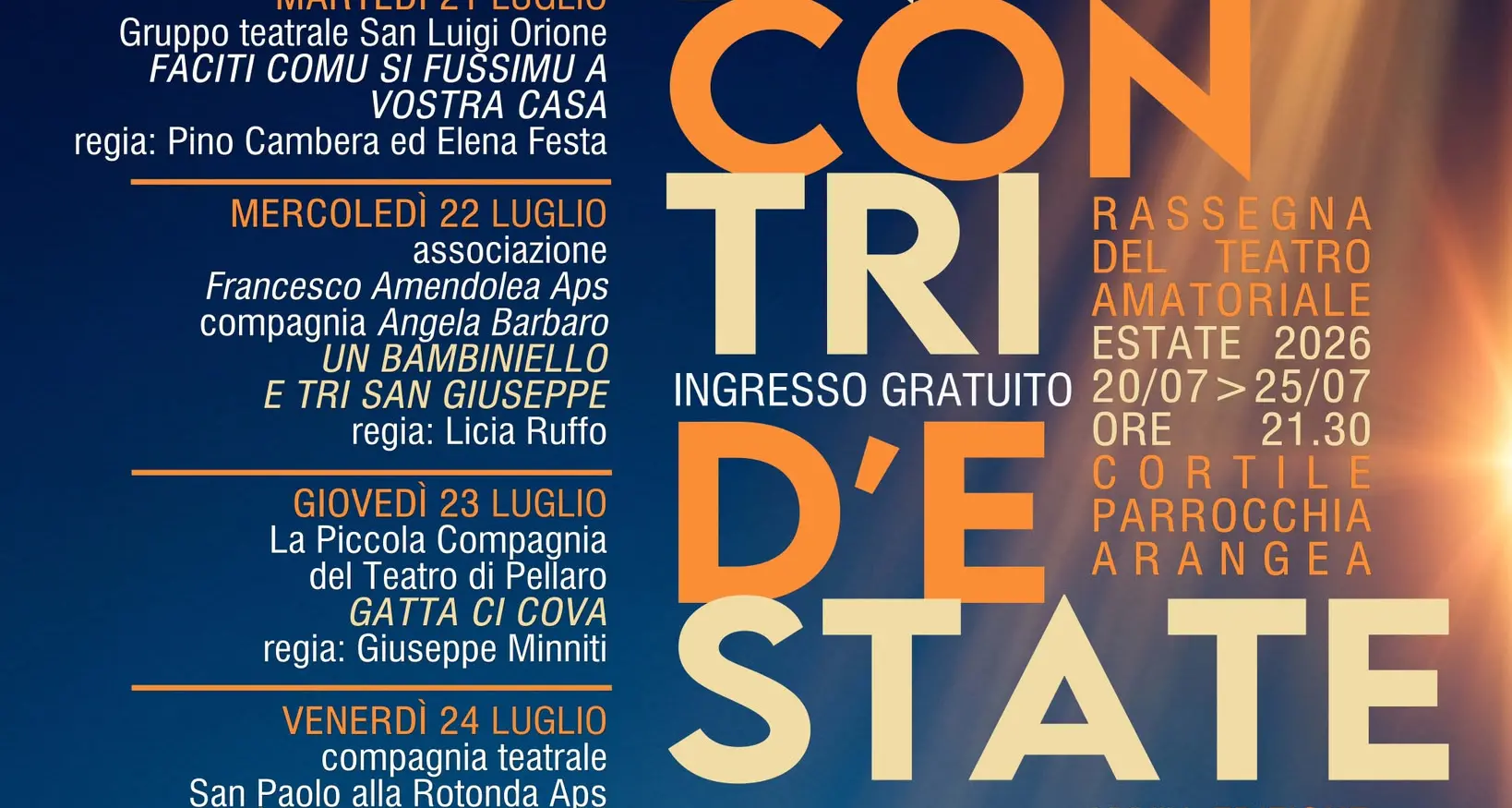 Ad Arangea torna “Incontri d’Estate”: dal 20 al 25 luglio la XXXIX Rassegna del Teatro Amatoriale\n