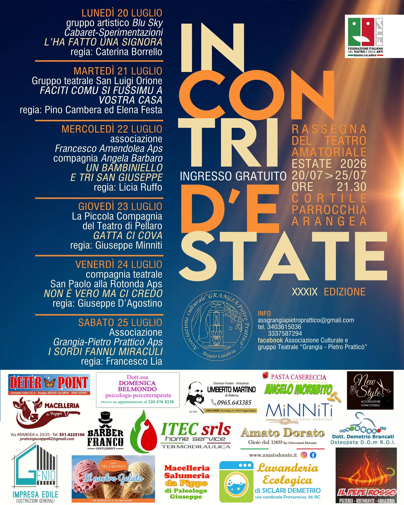 Ad Arangea torna “Incontri d’Estate”: dal 20 al 25 luglio la XXXIX Rassegna del Teatro Amatoriale\n