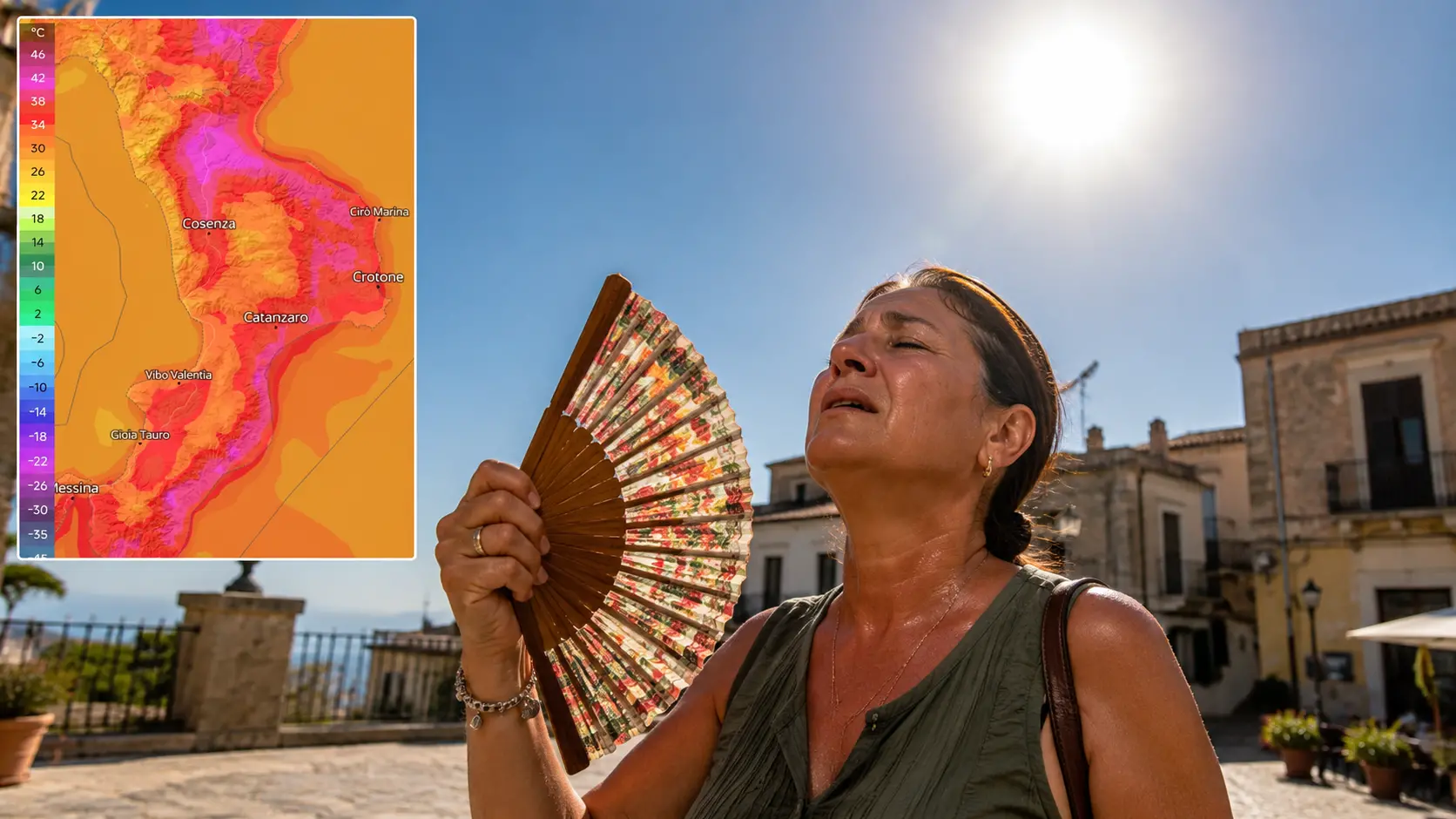 <p>Ondata di caldo africano anche nel Vibonese. Immagine principale realizzata con l'Ia</p>\\n