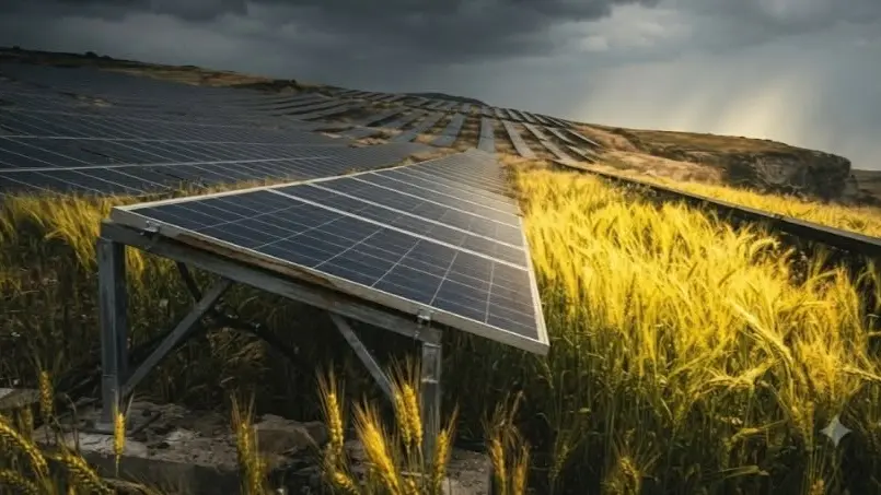 <p>Un impianto solare in un campo di grano (Foto: pagina Facebook Comune di Maierato)</p>\\n