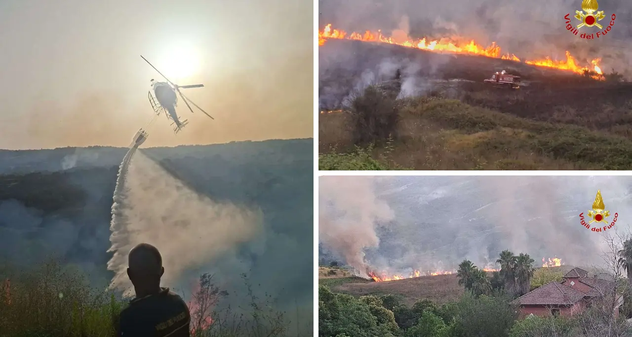 Incendi senza tregua nel Vibonese, trenta interventi in dodici ore: roghi estesi a Mileto e Jonadi, a Briatico fiamme vicino le case\n