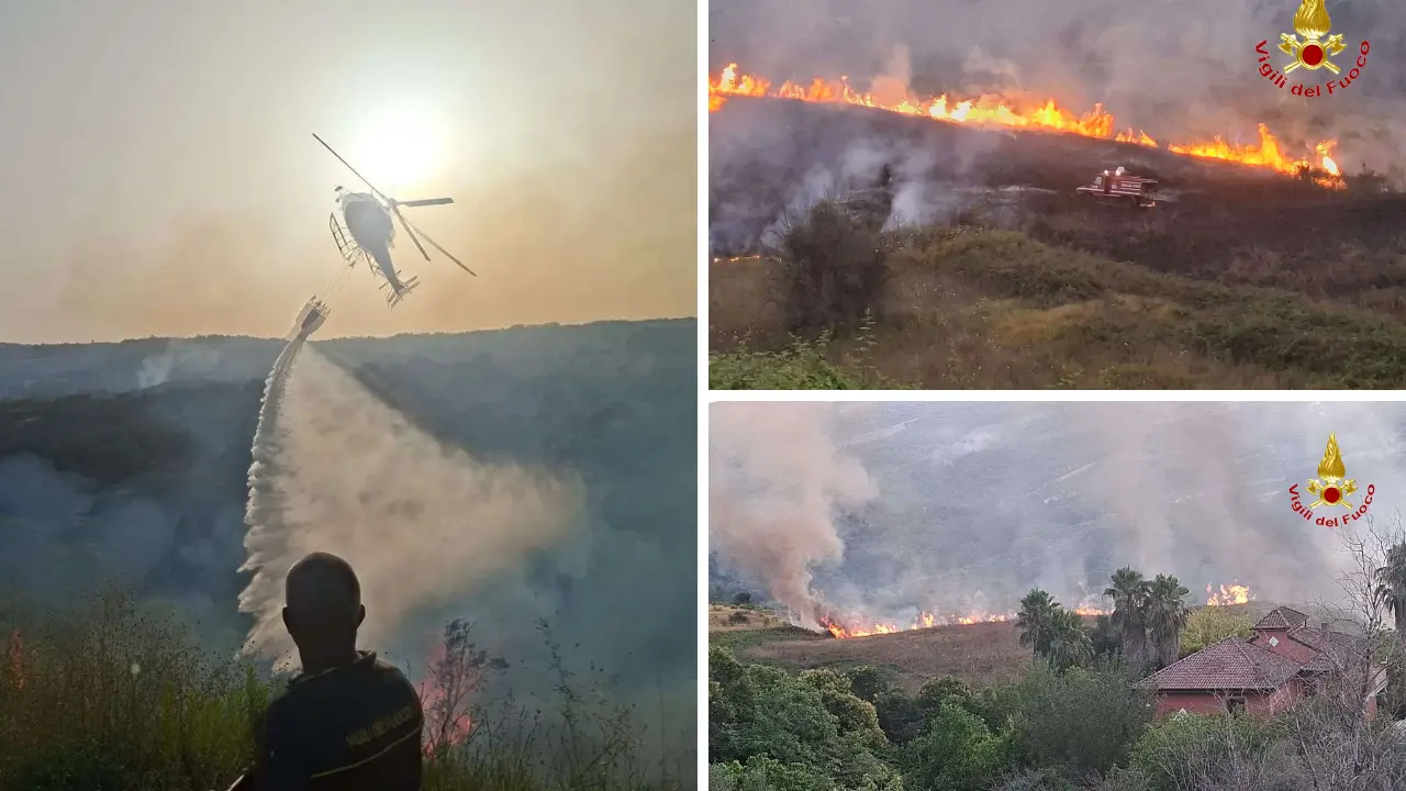 Incendi senza tregua nel Vibonese, trenta interventi in dodici ore: roghi estesi a Mileto e Jonadi, a Briatico fiamme vicino le case\n