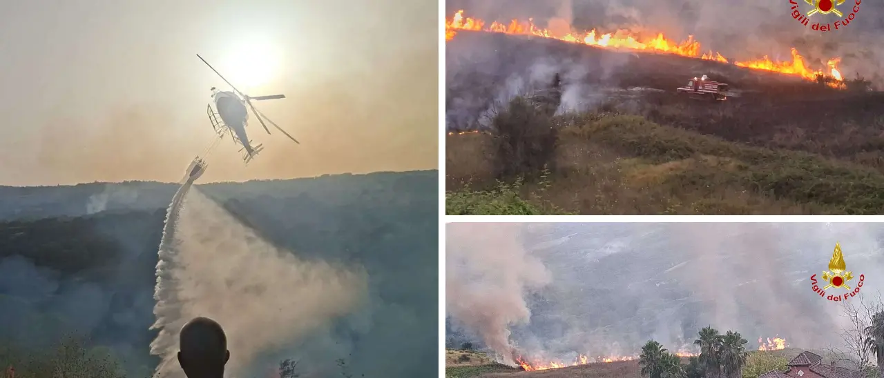 Incendi senza tregua nel Vibonese, trenta interventi in dodici ore: roghi estesi a Mileto e Jonadi, a Briatico fiamme vicino le case\n