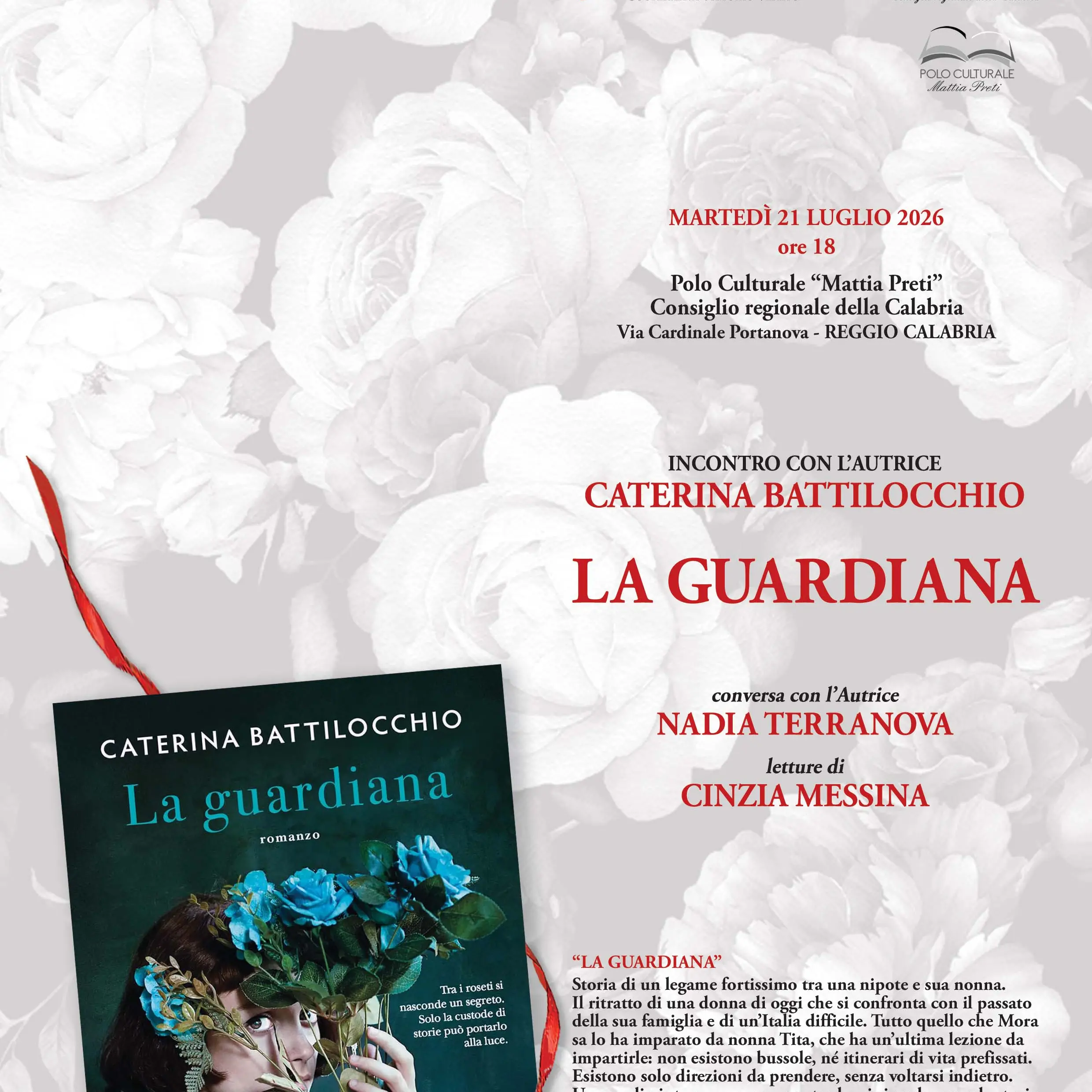 \"La guardiana\" di Caterina Battilocchio arriva a Reggio: presentazione presso la sala biblioteca Mattia Preti del Consiglio Regionale\n
