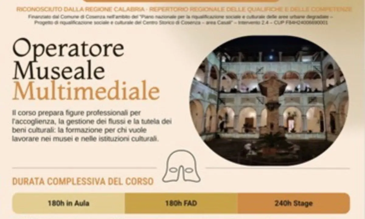 Cosenza, corso gratuito per operatori museali multimediali: candidature aperte per diciassette posti\n