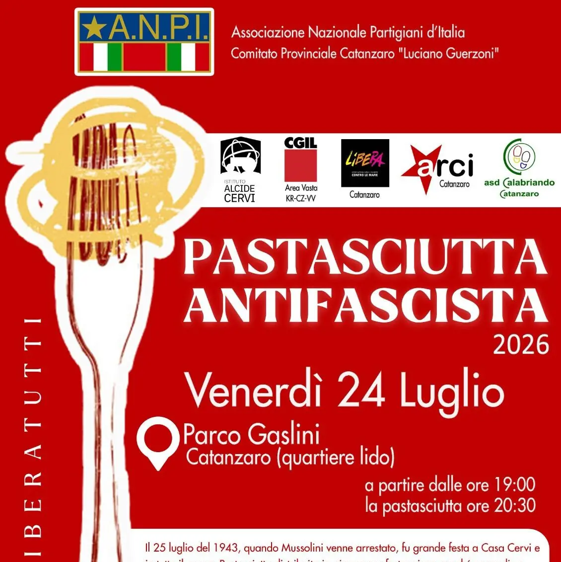 Pastasciutta Antifascista a Lido, il presidente Bosco: «Non è un rito fine a se stesso, ma un gesto che preserva la memoria della Resistenza»\n
