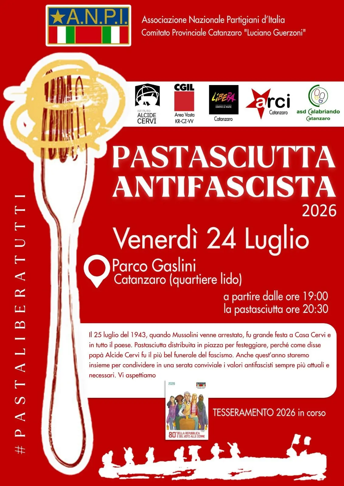 Pastasciutta Antifascista a Lido, il presidente Bosco: «Non è un rito fine a se stesso, ma un gesto che preserva la memoria della Resistenza»\n