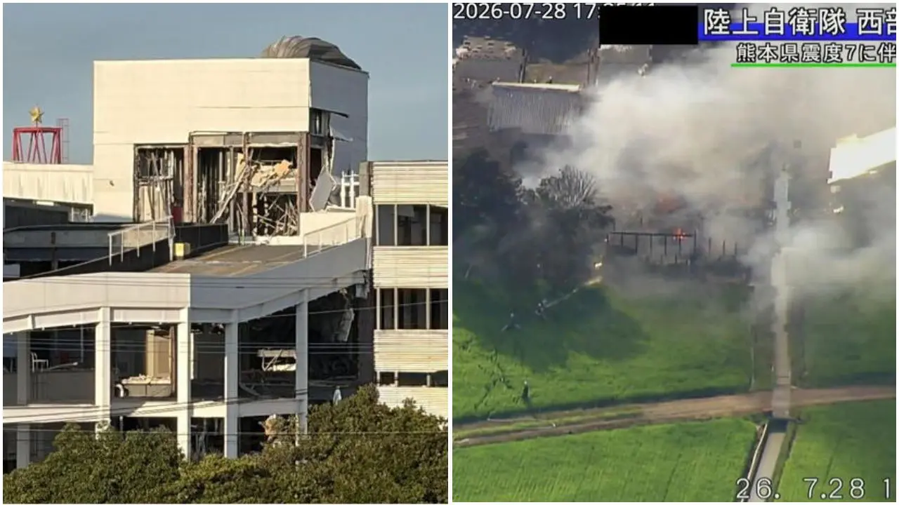 <p>Crolli e incendi sull'isola di Kyushu (Ansa)</p>\\n