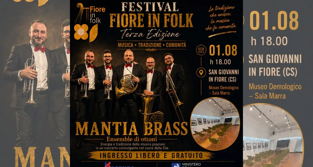 Fiore in Folk fa tappa a San Giovanni in Fiore: il Mantia Brass porta la tradizione musicale al Museo Demologico\n