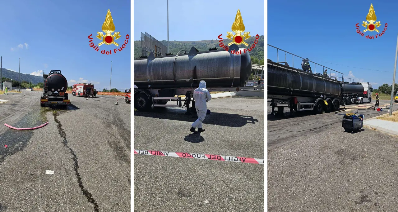Perdita di acido cloridrico da un'autocisterna sull'A2: area di sosta di Pizzo Ovest chiusa per le\u00A0operazioni di travaso e messa in sicurezza\n