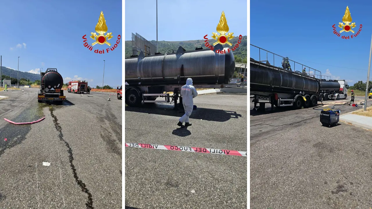 Perdita di acido cloridrico da un'autocisterna sull'A2: area di sosta di Pizzo Ovest chiusa per le\u00A0operazioni di travaso e messa in sicurezza\n