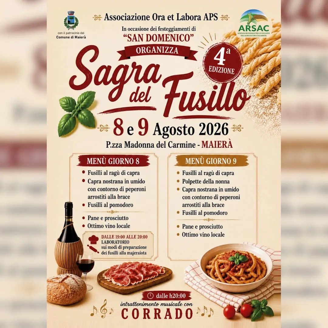 Maierà, l’8 e il 9 agosto torna la Sagra del Fusillo\n