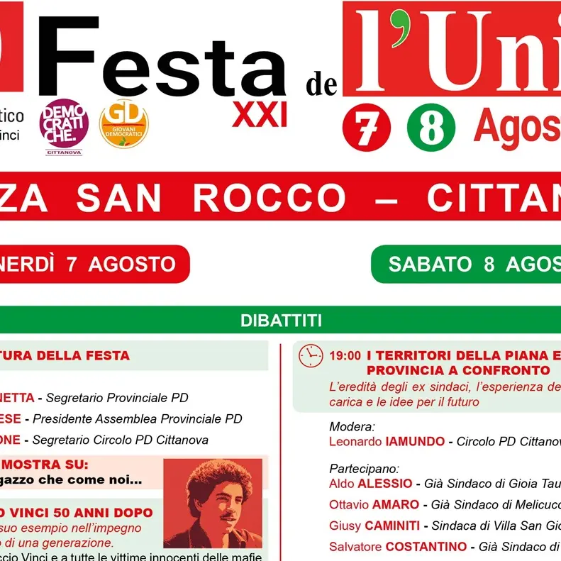 Festa de l'Unità a Cittanova il 7 e l'8 agosto in piazza San Rocco\n