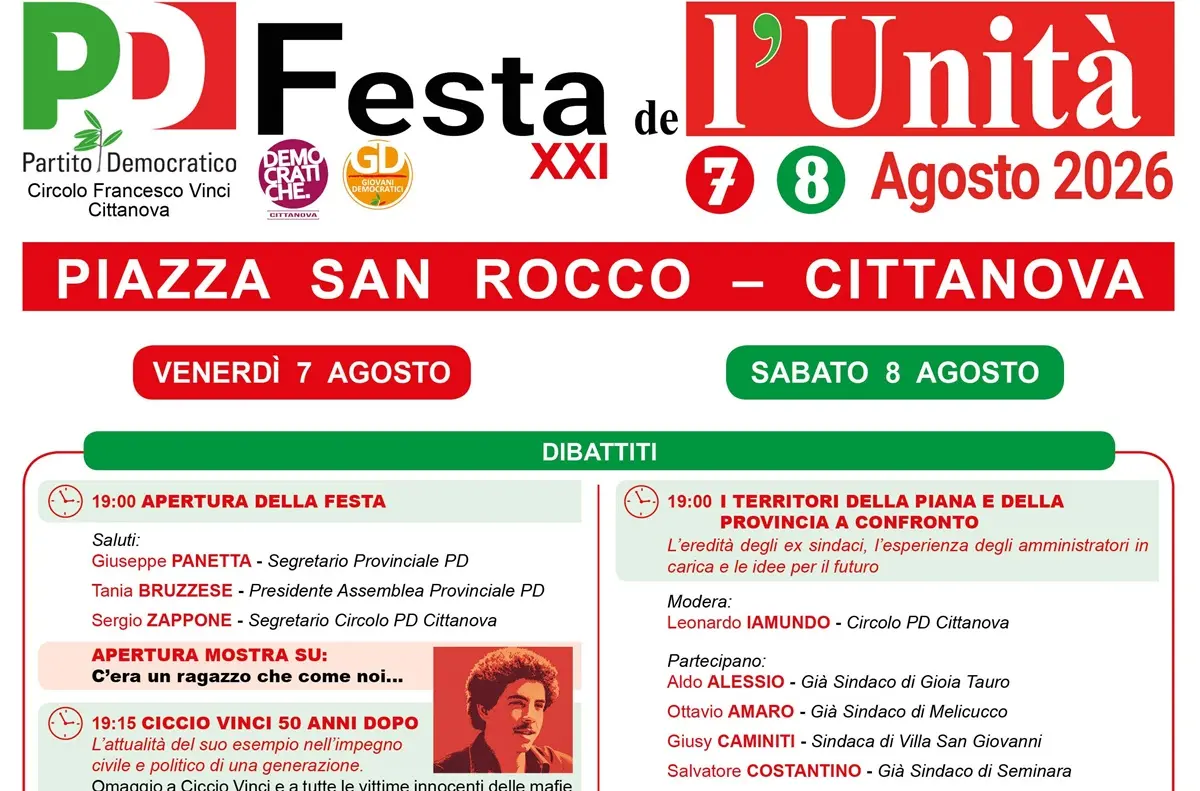 Festa de l'Unità a Cittanova il 7 e l'8 agosto in piazza San Rocco\n