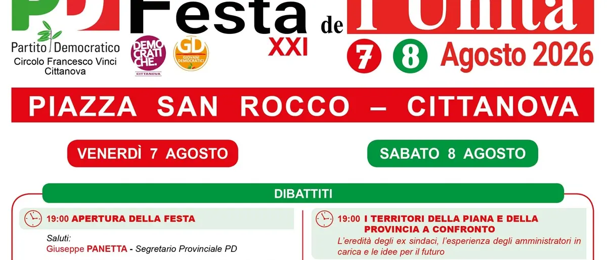 Festa de l'Unità a Cittanova il 7 e l'8 agosto in piazza San Rocco\n