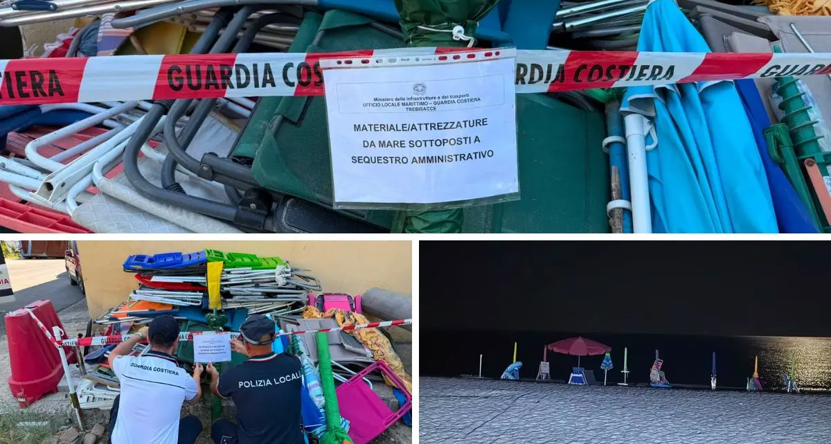 Spiaggia libera occupata a Villapiana Scalo, sequestrati ombrelloni, sdraio e attrezzature da mare\n