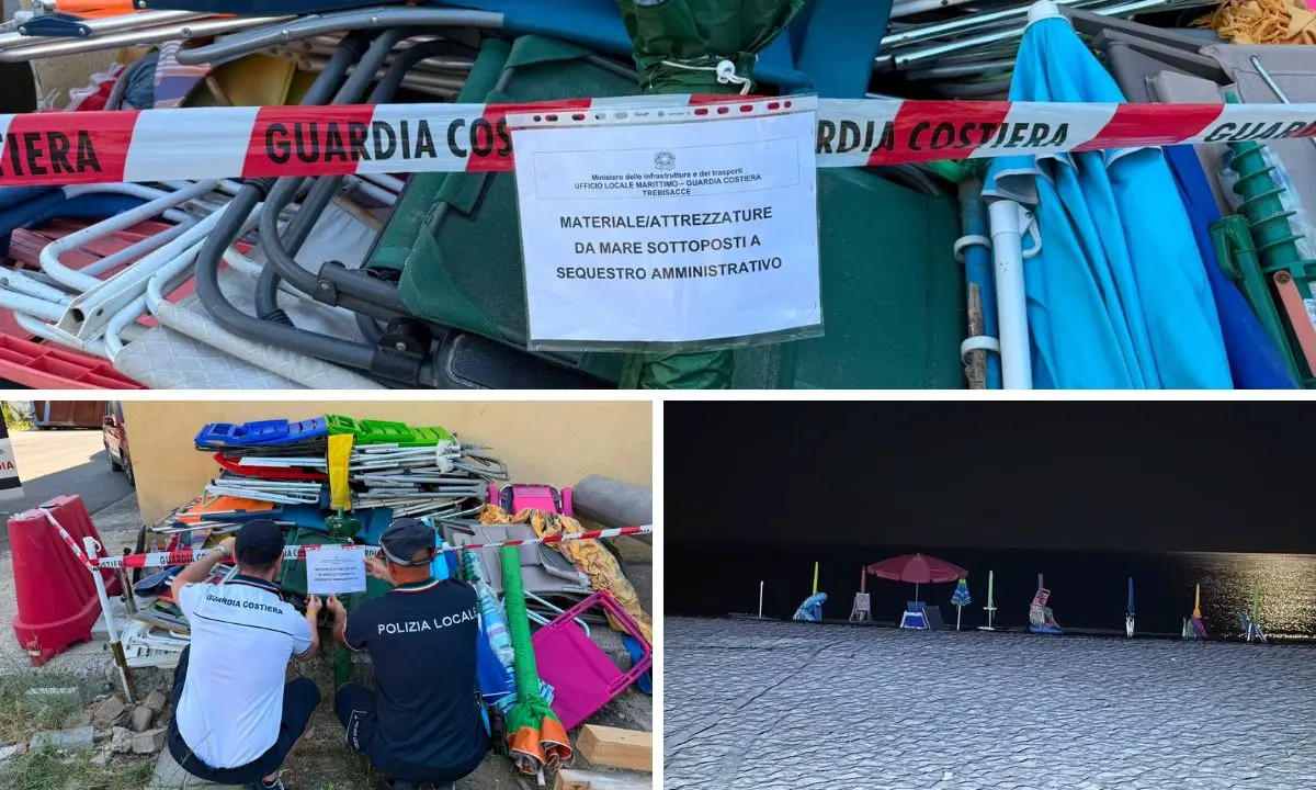 Spiaggia libera occupata a Villapiana Scalo, sequestrati ombrelloni, sdraio e attrezzature da mare\n