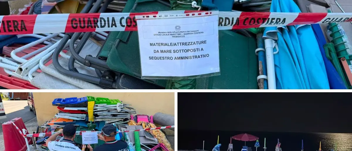 Spiaggia libera occupata a Villapiana Scalo, sequestrati ombrelloni, sdraio e attrezzature da mare\n