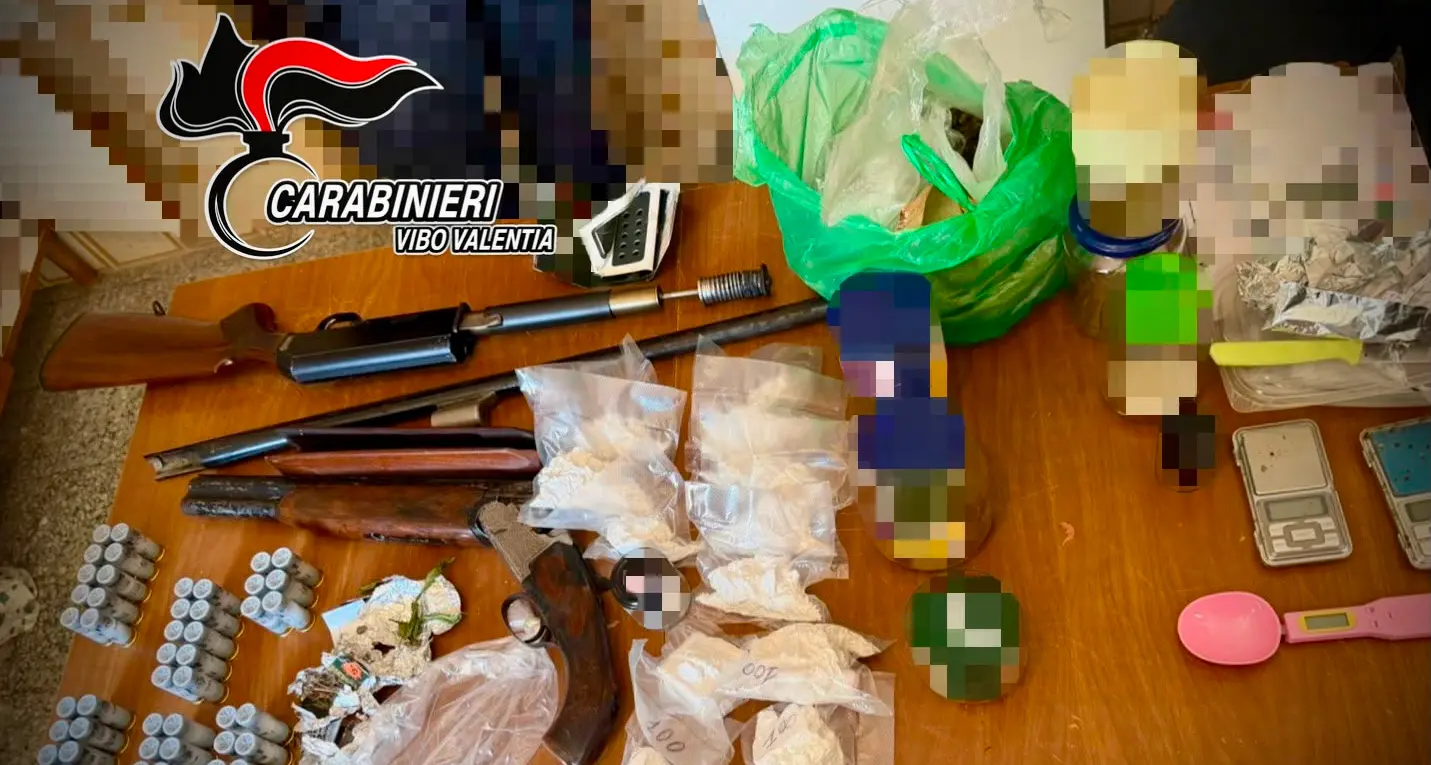 Maxi sequestro a San Gregorio d’Ippona:\u00A0rinvenute armi con matricola abrasa, droga e parti di auto rubate in un casolare\n