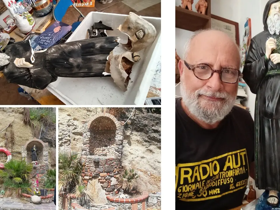 Pizzo, statua di San Francesco strappata dalla nicchia alla Seggiola e ridotta in pezzi. Montesanti la restaura in due giorni e la restituisce alla comunità