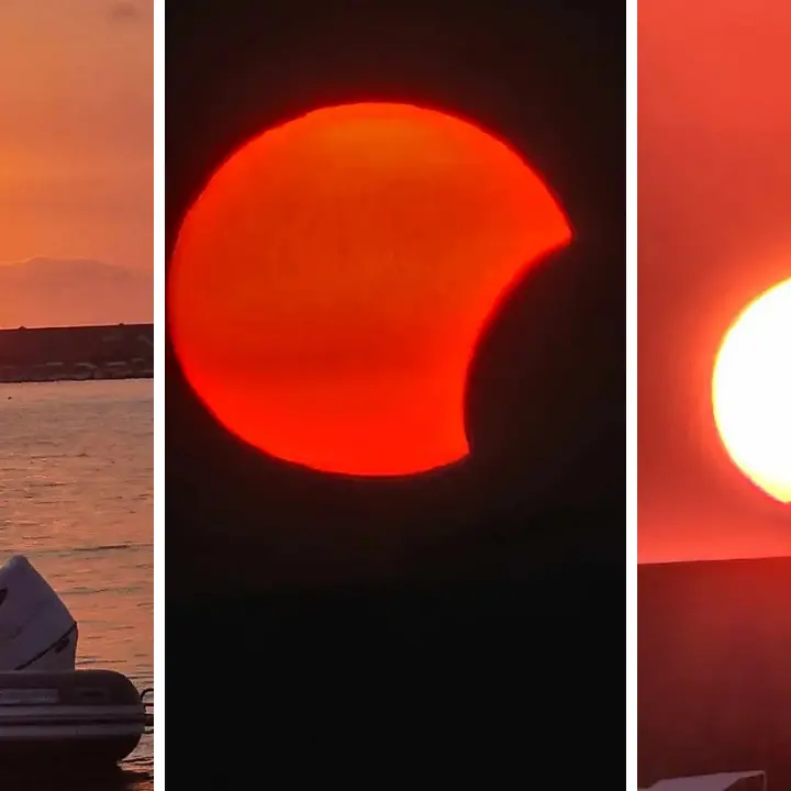Parghelia, eclissi nel tramonto sul Tirreno: le suggestive immagini del Sole “mangiato” dalla Luna\n