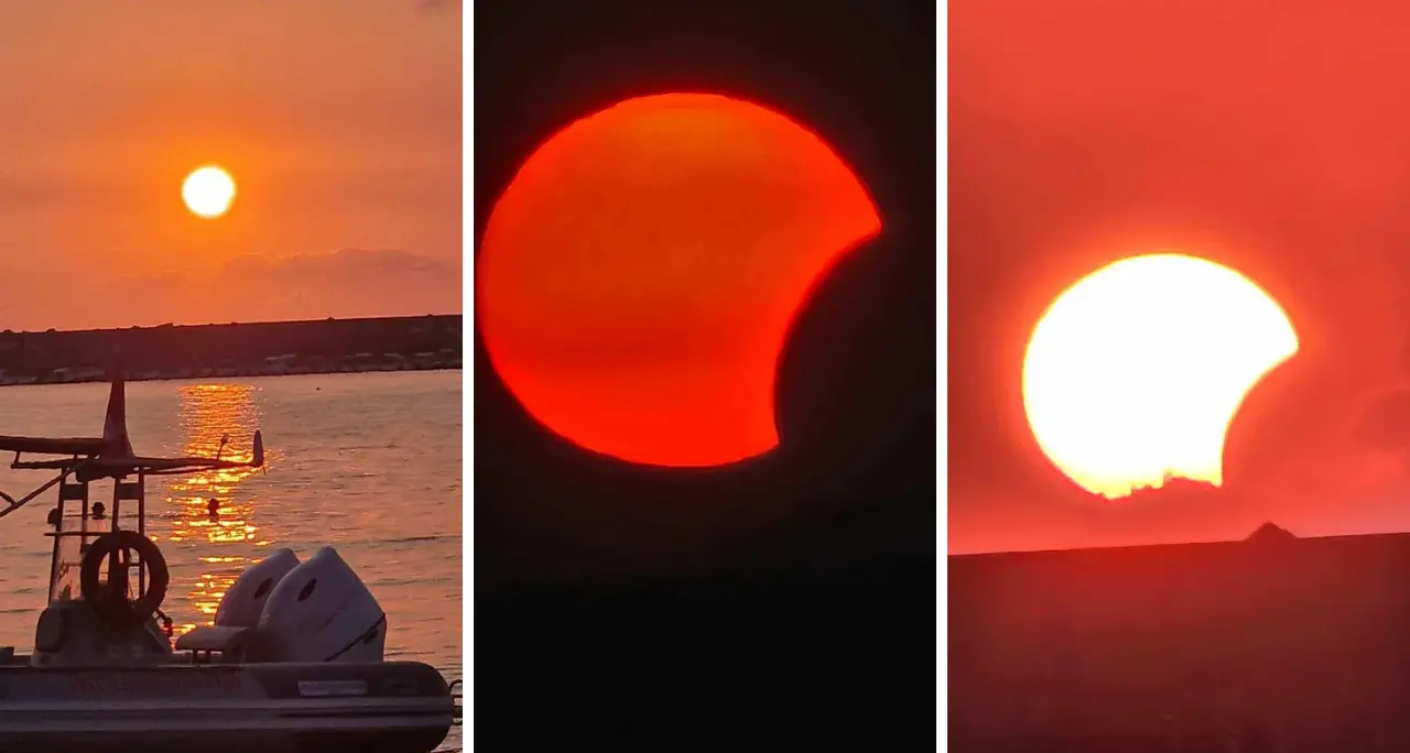 Parghelia, eclissi nel tramonto sul Tirreno: le suggestive immagini del Sole “mangiato” dalla Luna\n