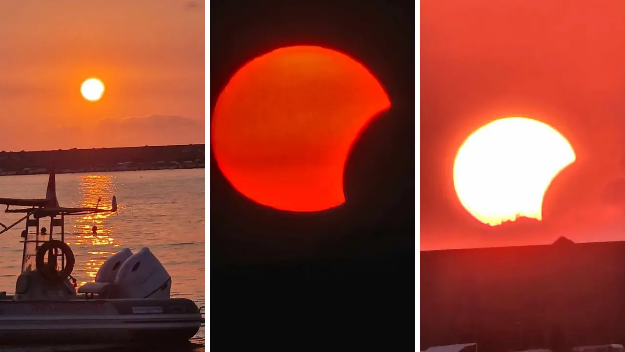 Parghelia, eclissi nel tramonto sul Tirreno: le suggestive immagini del Sole “mangiato” dalla Luna\n