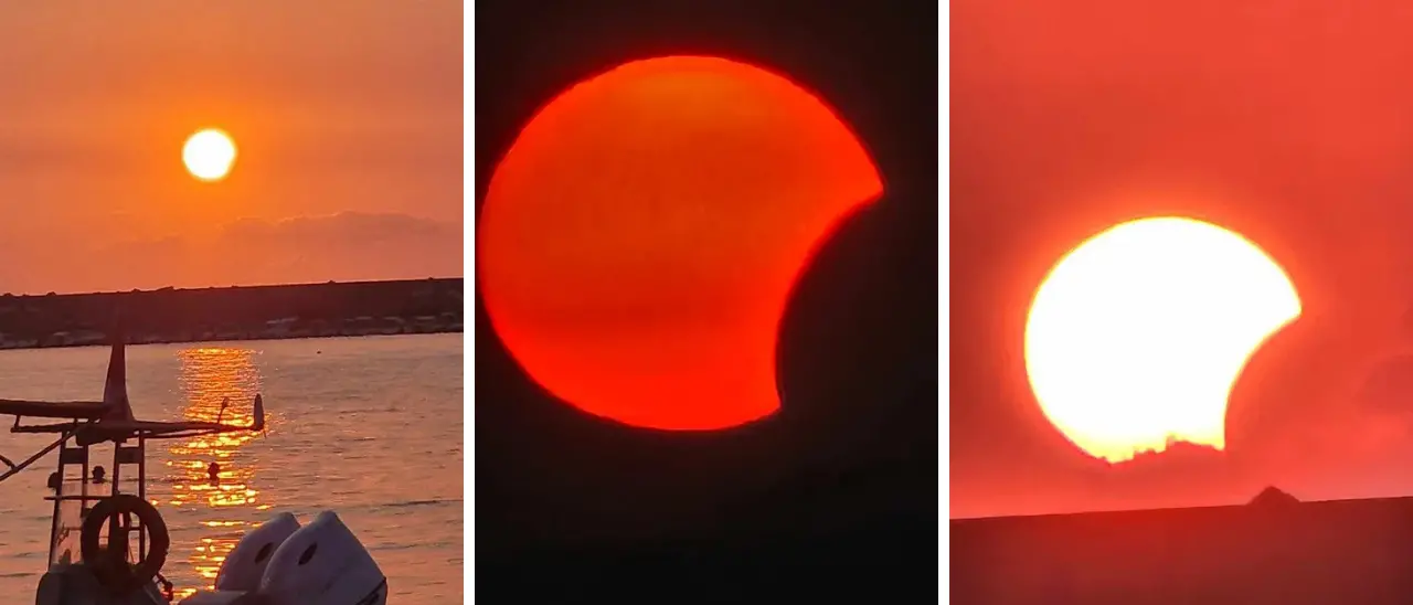 Parghelia, eclissi nel tramonto sul Tirreno: le suggestive immagini del Sole “mangiato” dalla Luna\n