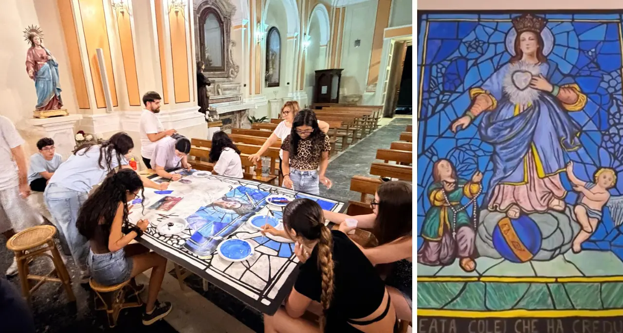 Arte, fede e partecipazione a Sorianello: i ragazzi realizzano un grande pannello pittorico dedicato al Sacro Cuore di Maria e donato alla comunità\n