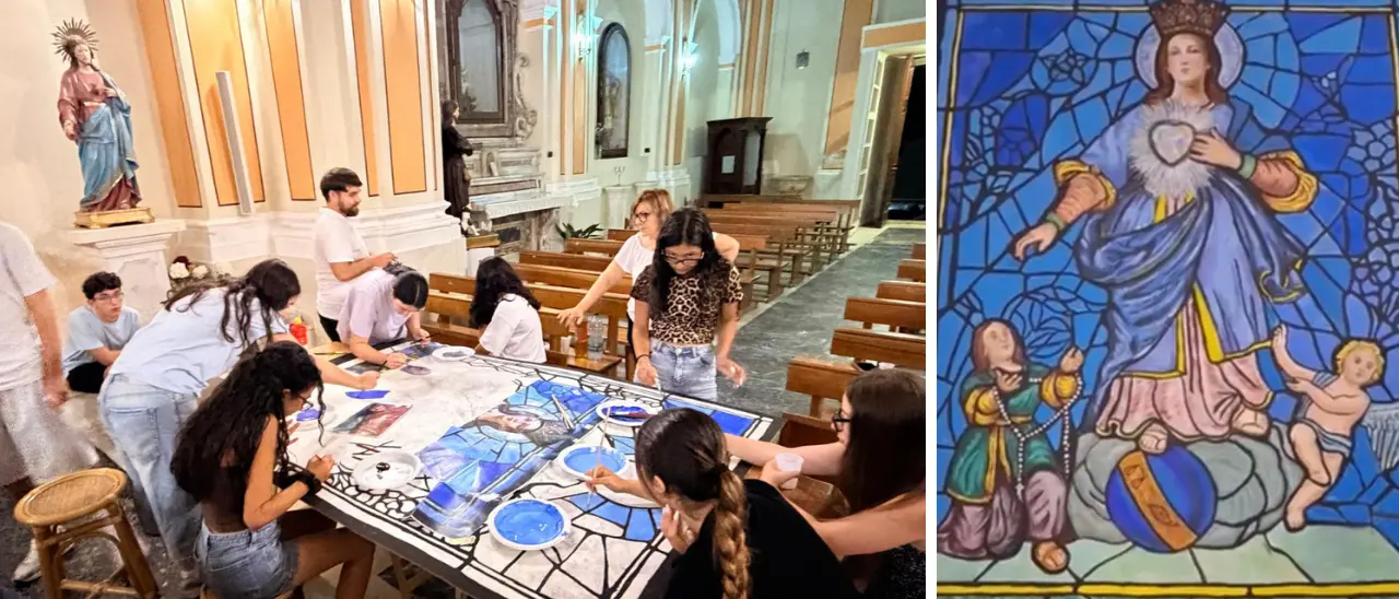 Arte, fede e partecipazione a Sorianello: i ragazzi realizzano un grande pannello pittorico dedicato al Sacro Cuore di Maria e donato alla comunità\n